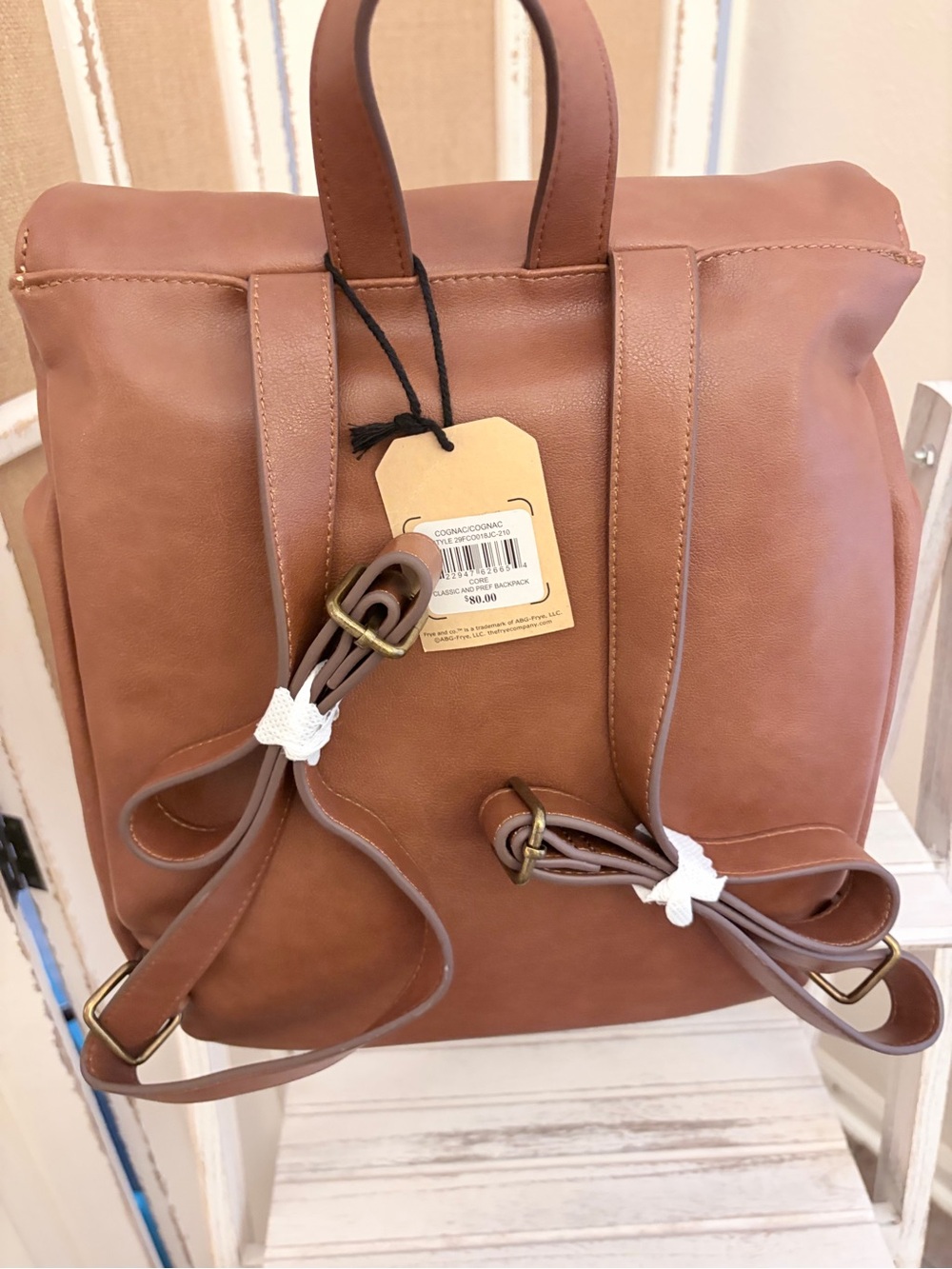 Frye & Co. NWT Cognac Foldover Backpack Faux Leather - Picture 4 of 12